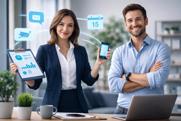 Come creare un agente ai senza codice: un imprenditore affiancato da un'attraente agente AI multitasking